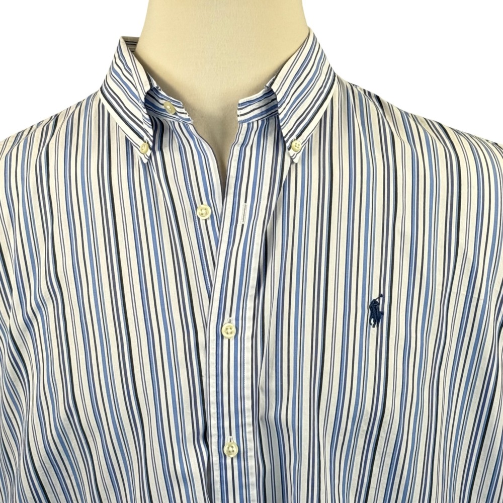 Ralph Lauren Mens XXL Custom Fit Short Sleeve Button‎ Down Blue White Stripe - Picture 2 of 7